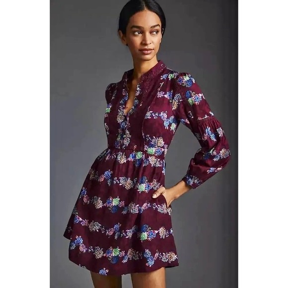 Anthropologie Dresses & Skirts - BY ANTHROPOLOGIE Mini Tunic Long Sleeve Dress Floral Lace Trims Purple X-Small